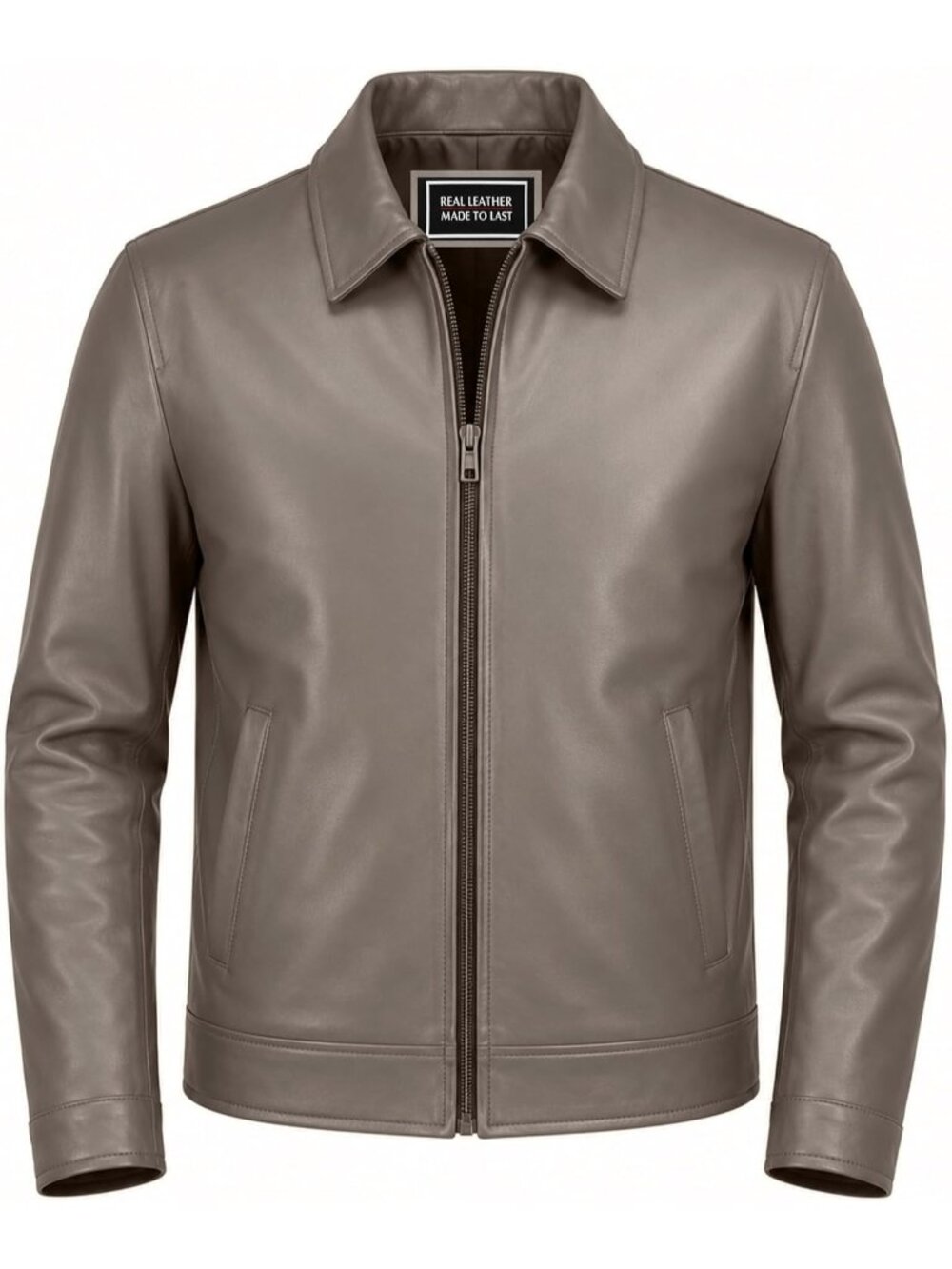 Men's Grey Leather Polo Collar Zipper Open Bottom Side Pockets Quilted Jacket